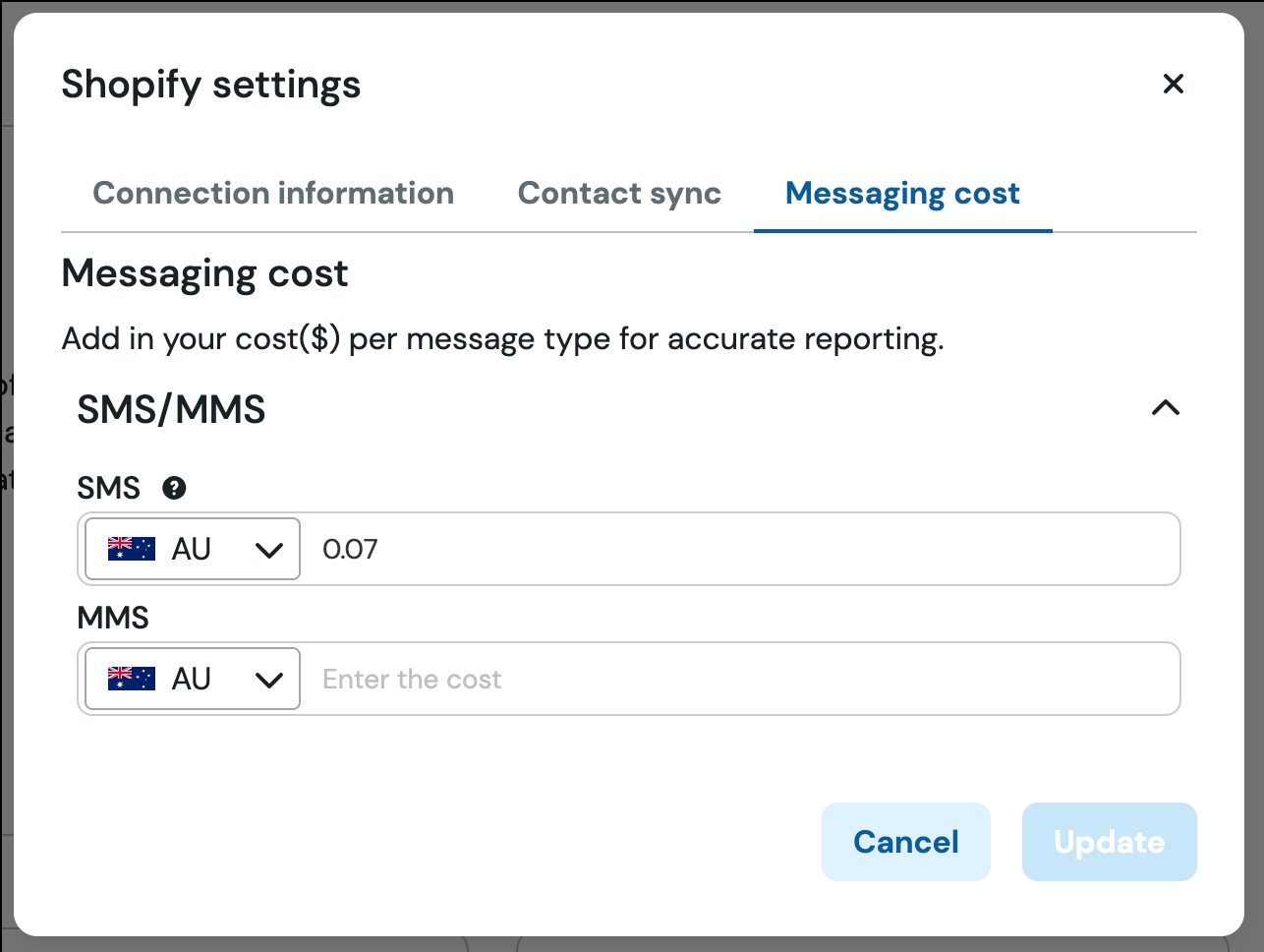 Update Message cost tab in the Shopify settings in the Sinch platform.