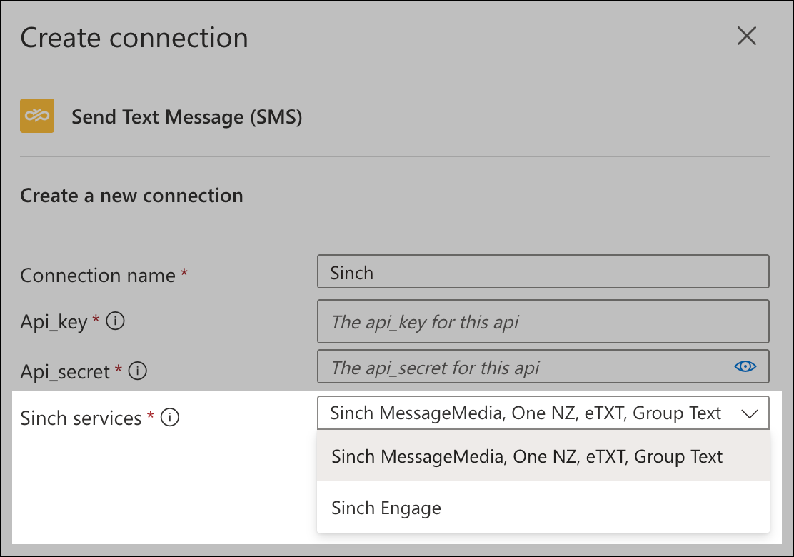 Sinch services drop-down.