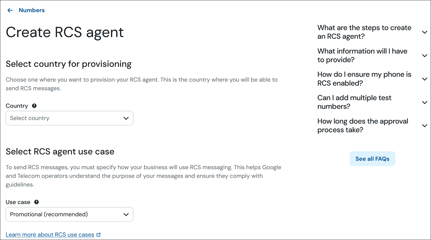 Sceenshote of create RCS page where the country and use case are selected