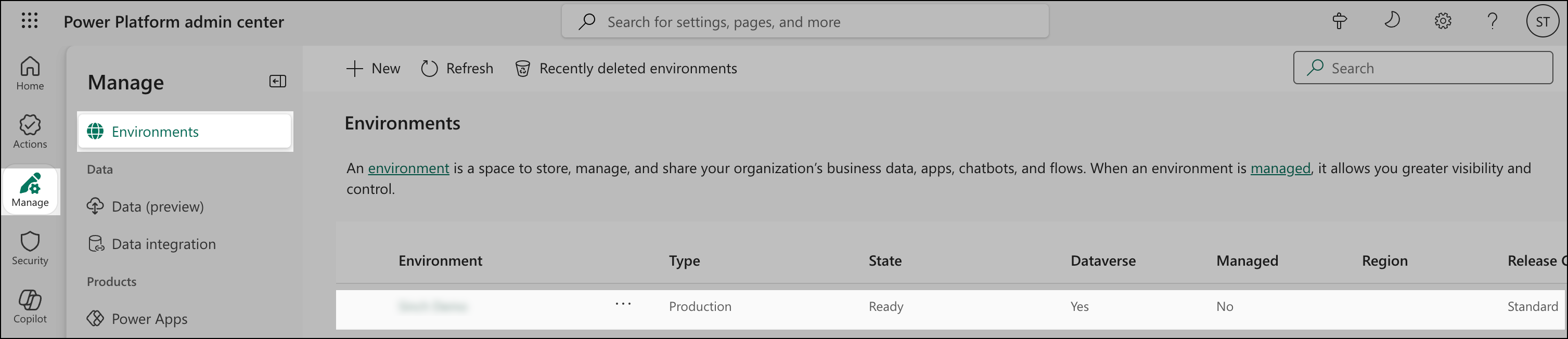 Select environment in Power Platform admin center.