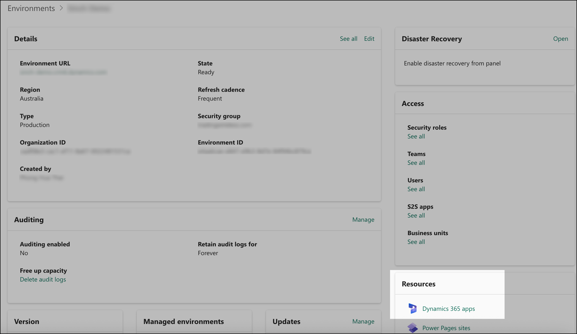 Resources tile in Environments view.