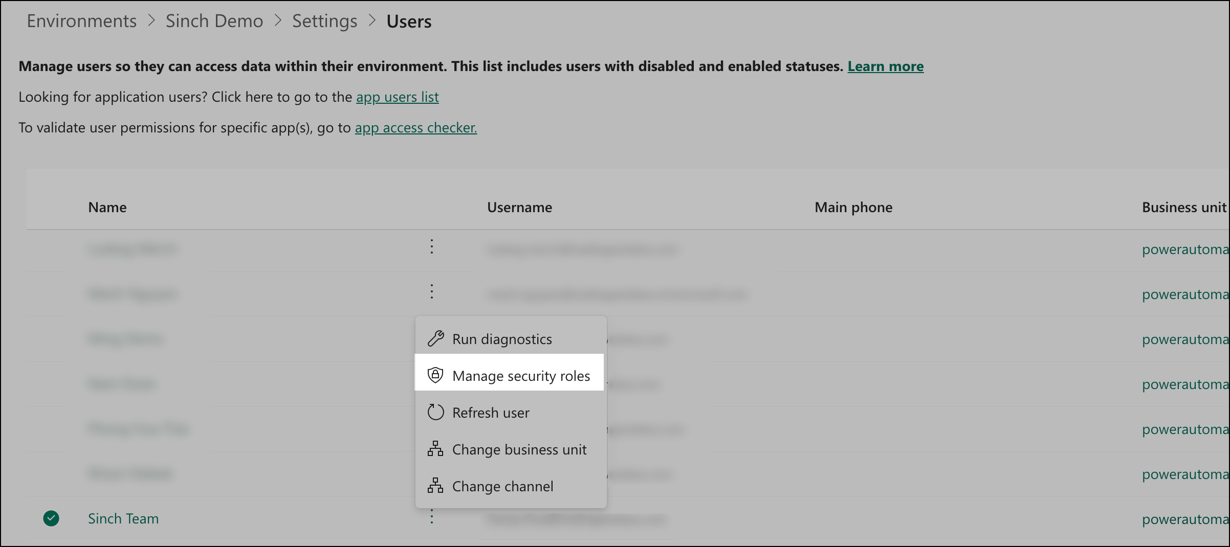 Manage security roles option.