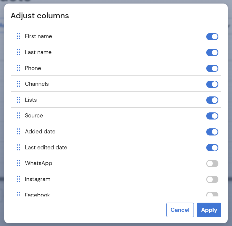 Adjust columns modal