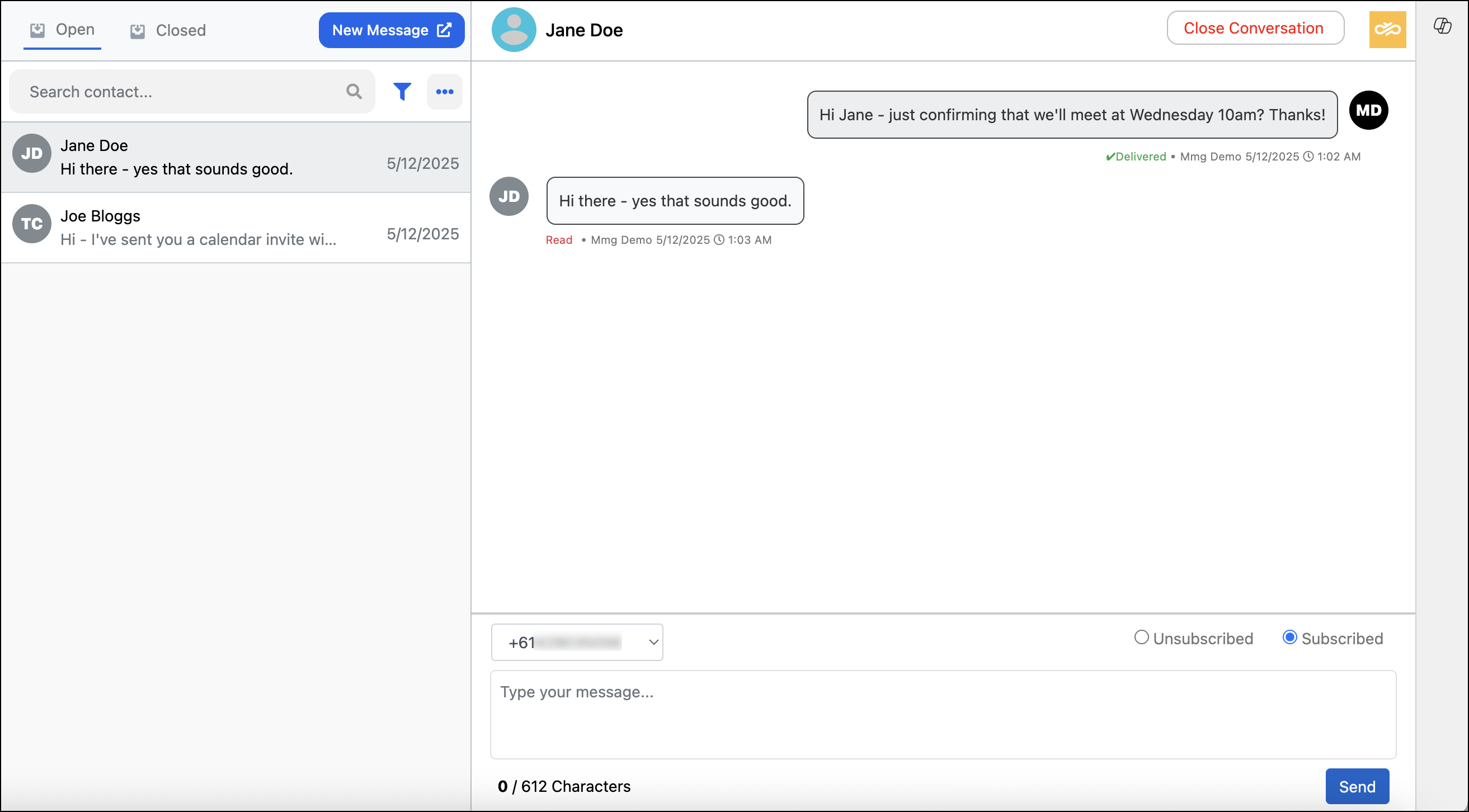SMS Dynamics - Conversation inbox.