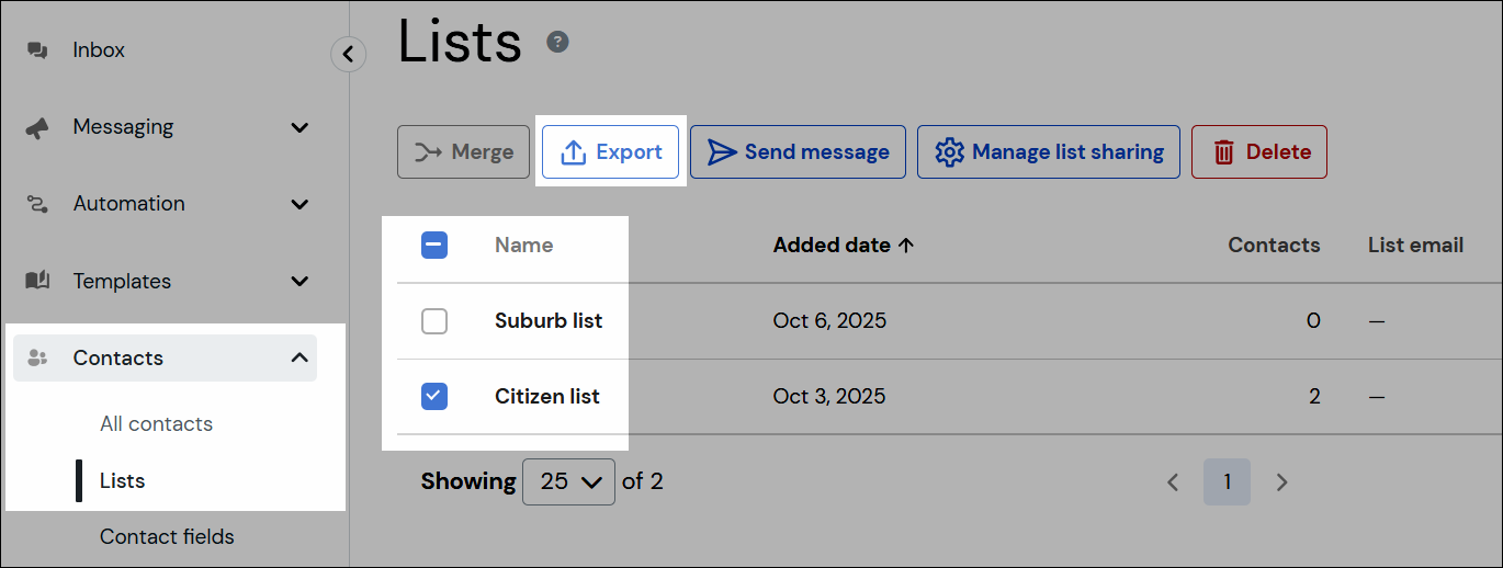 Export button shown above selected lists