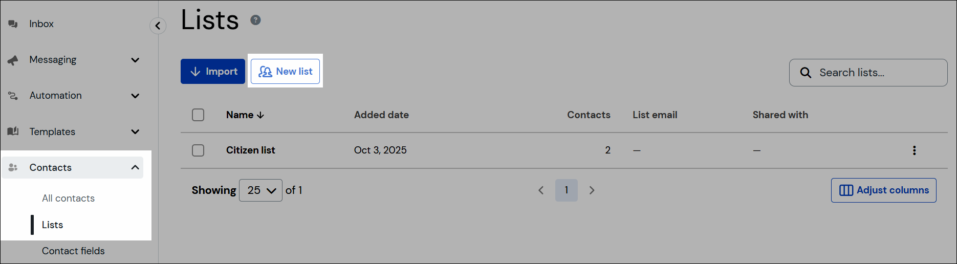 Business Marketing Messaging - Contacts > Lists page with New list button