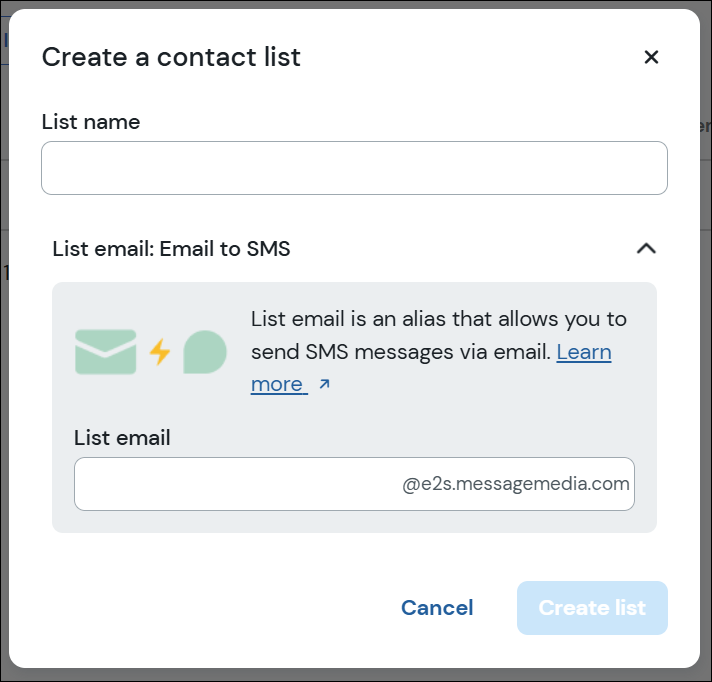 Create a contact list modal showing List name and List email fields