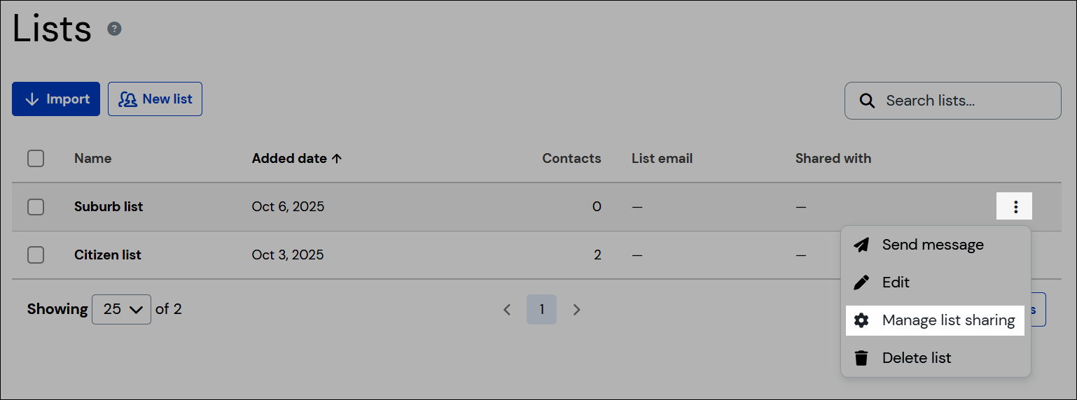 More options menu showing Manage list sharing