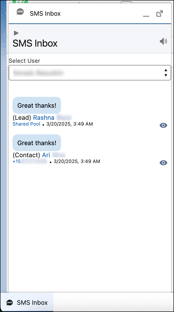 SMS Inbox pop-up.