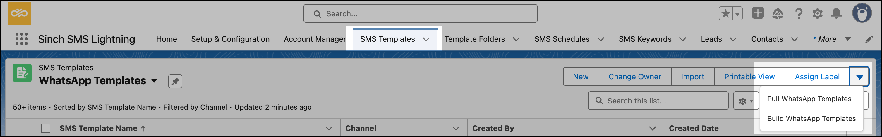 WhatsApp Templates drop-down.