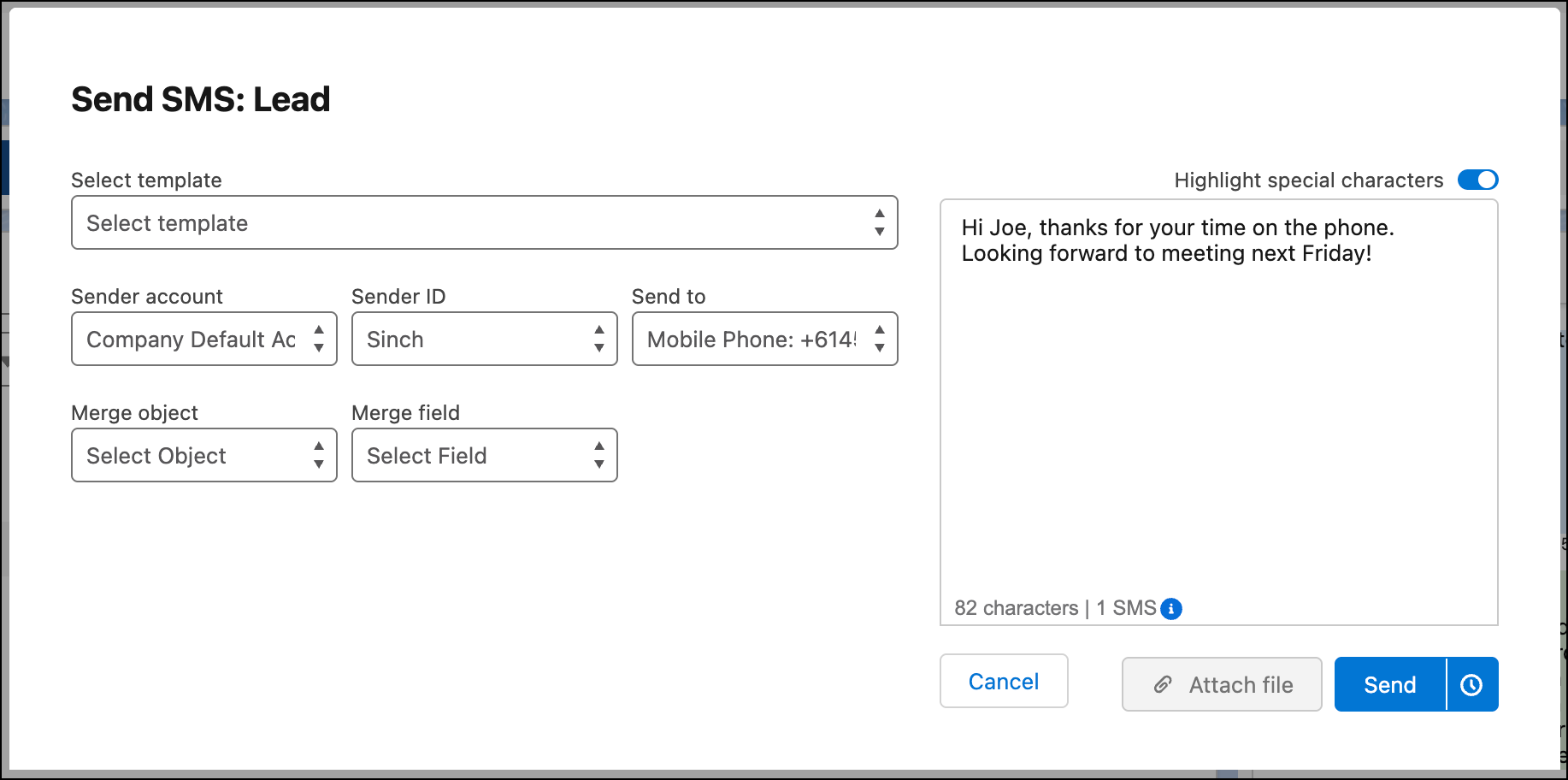 Send SMS to lead.