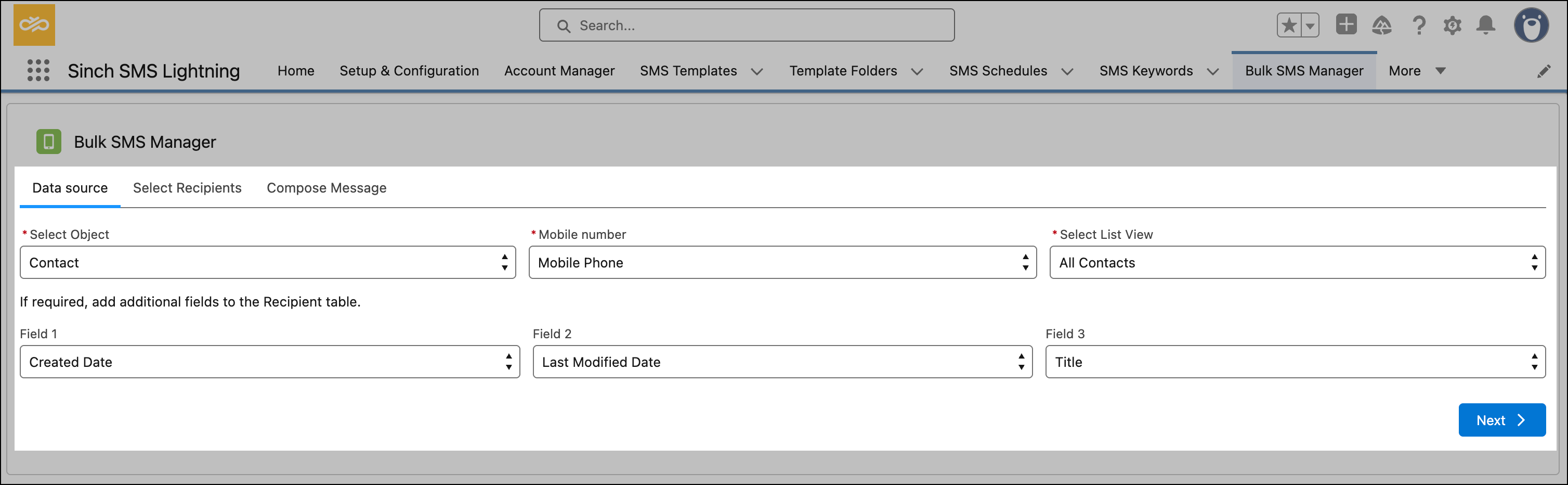 Data source tab in Bulk SMS Manager.