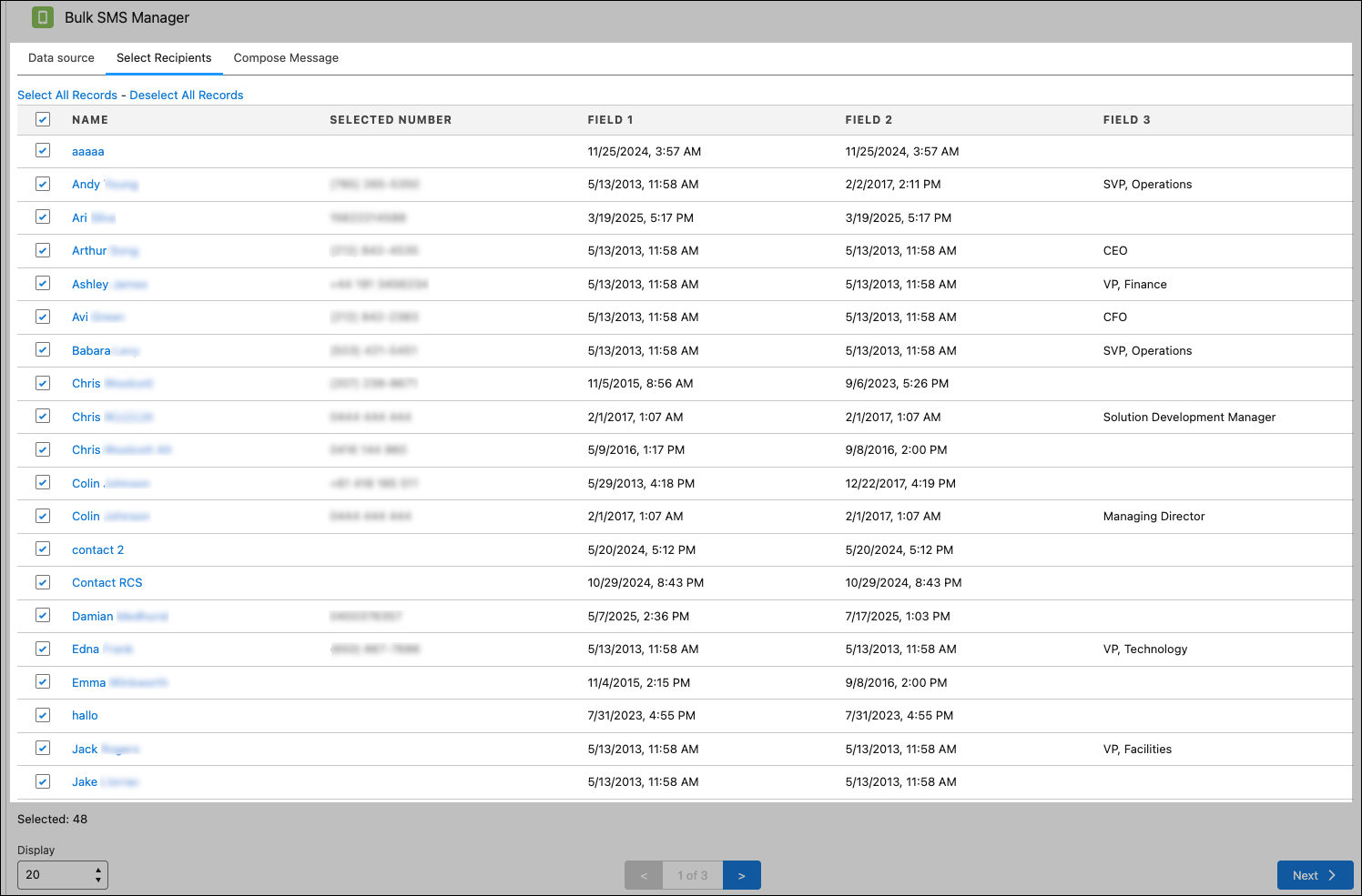 Select Recipients tab in Bulk SMS Manager.