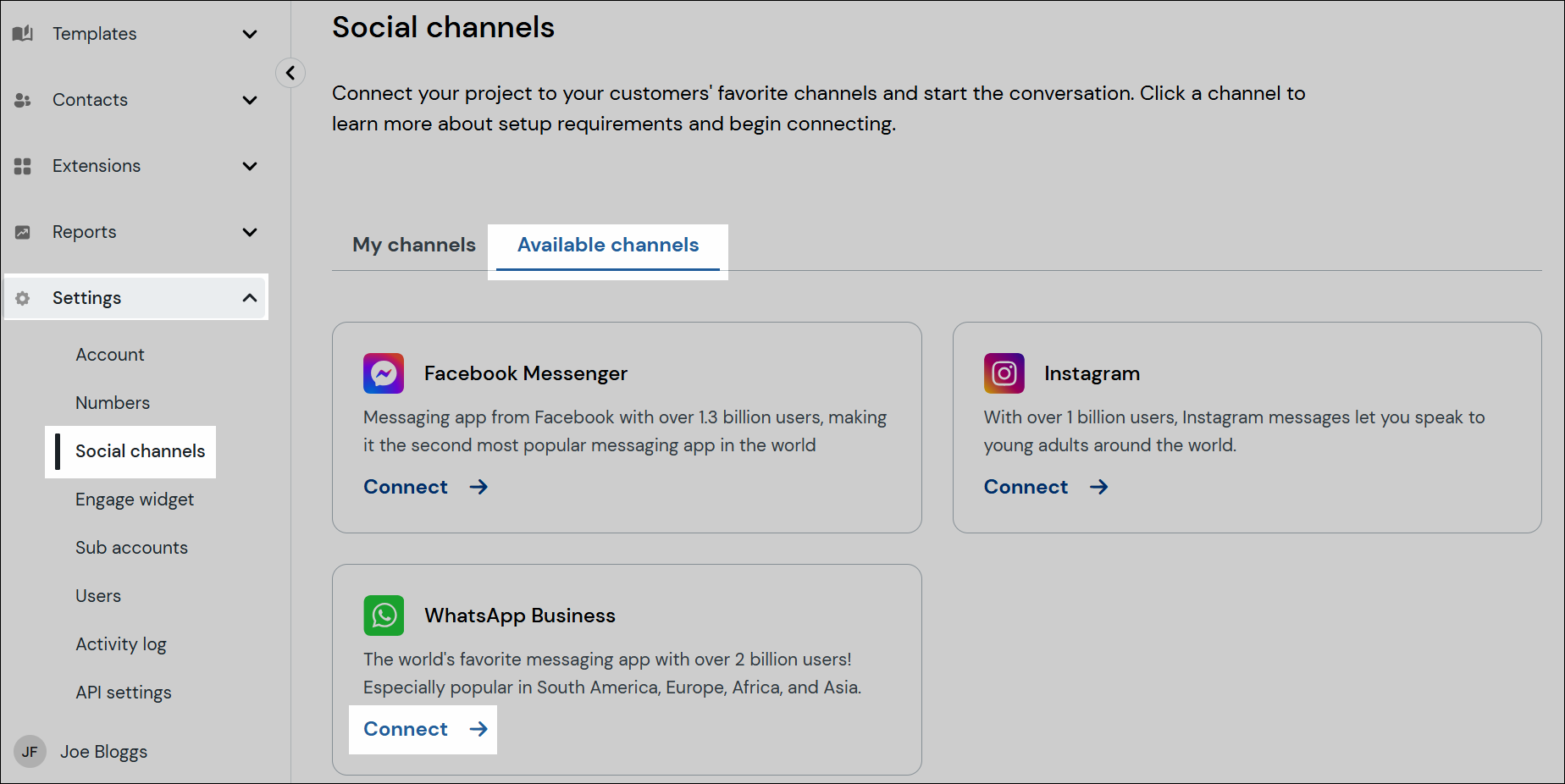 Connect Whatsapp navigation