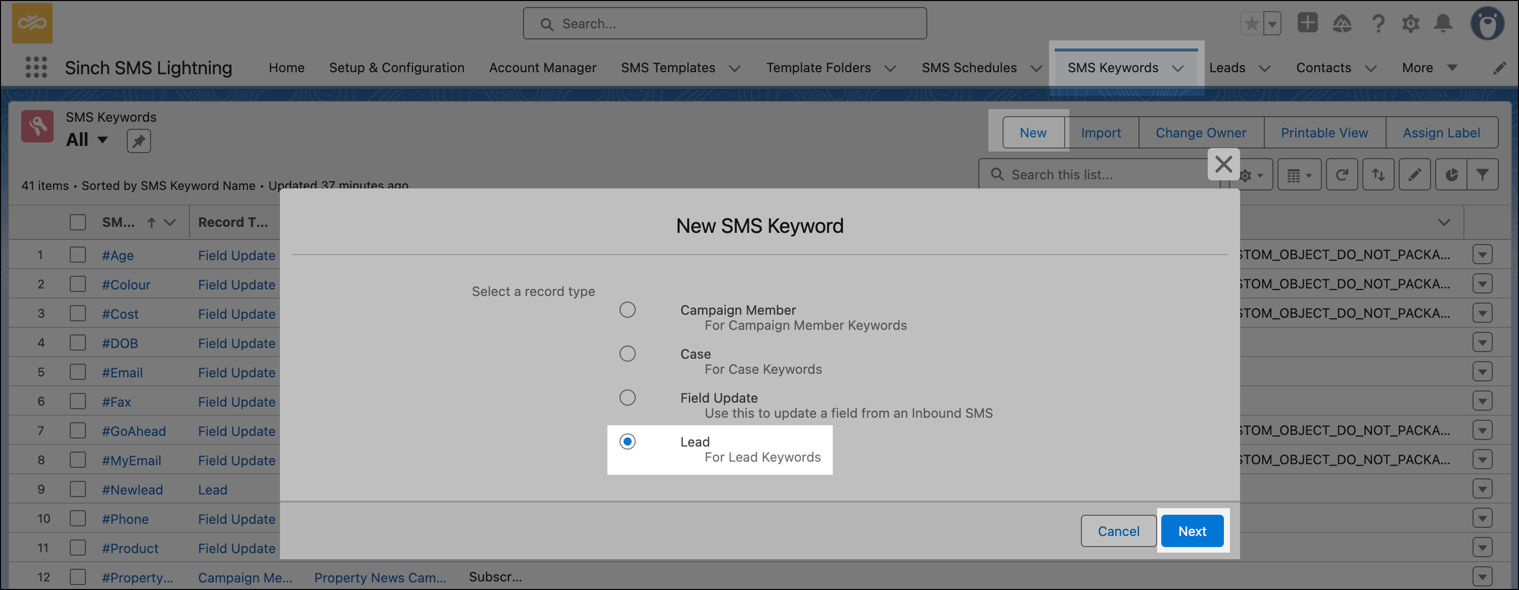 Create Lead keyword action.