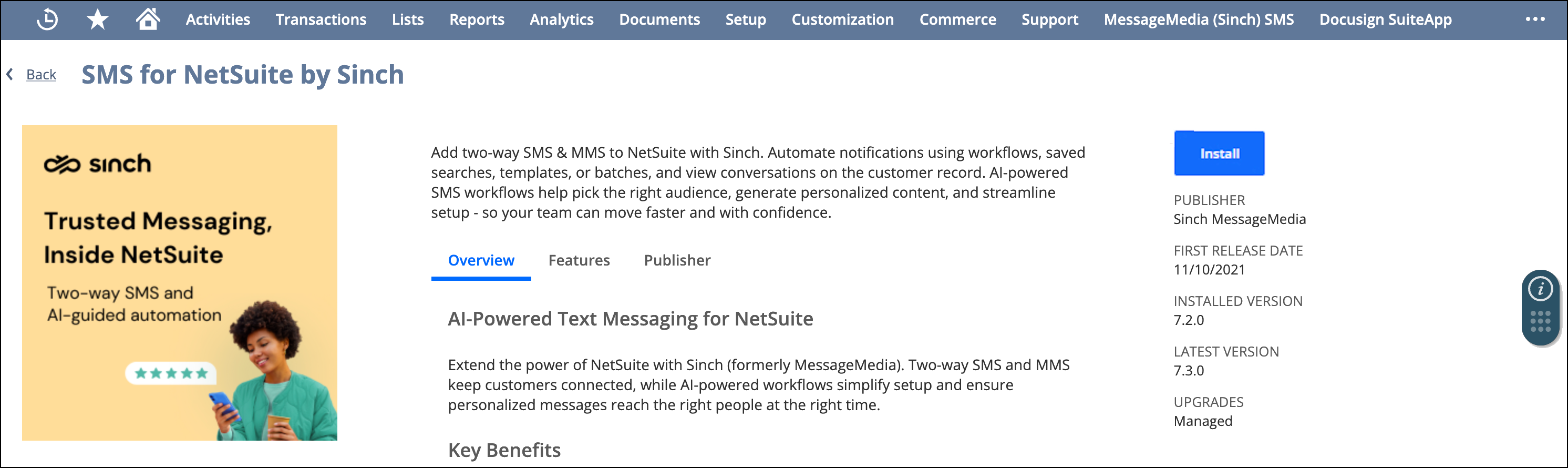 Install SMS for NetSuite by Sinch.