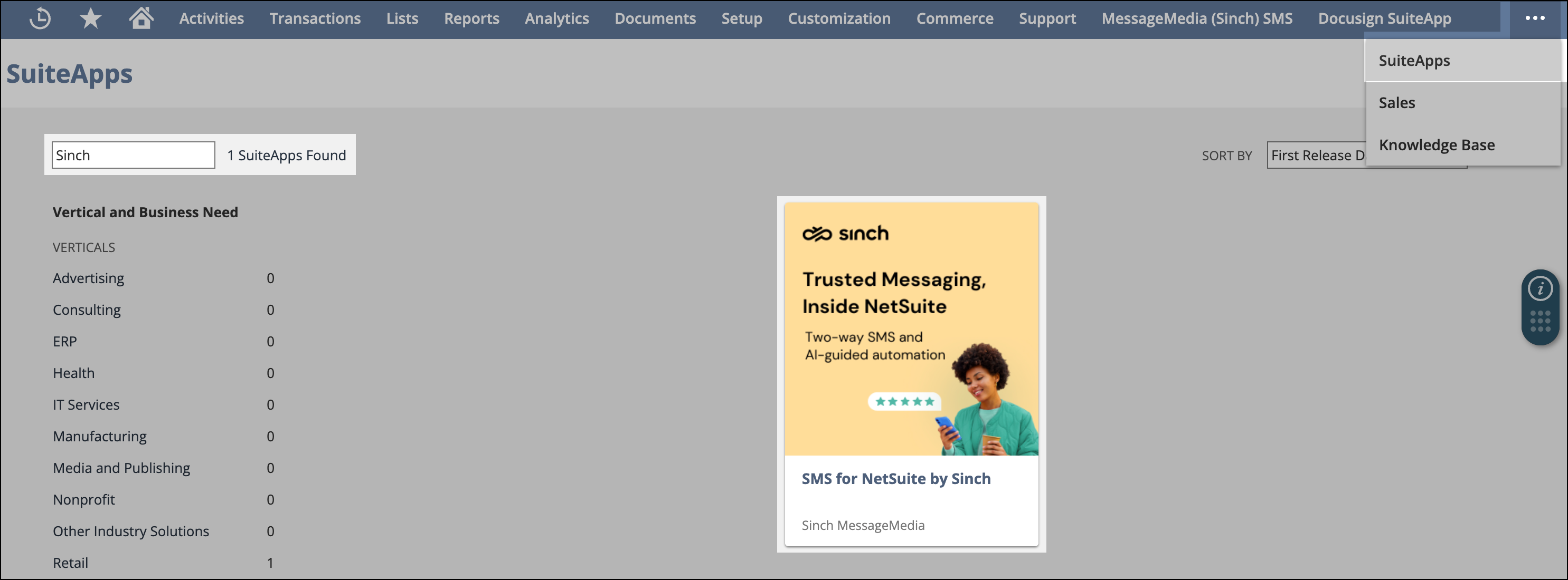 Search for SMS for NetSuite by Sinch.