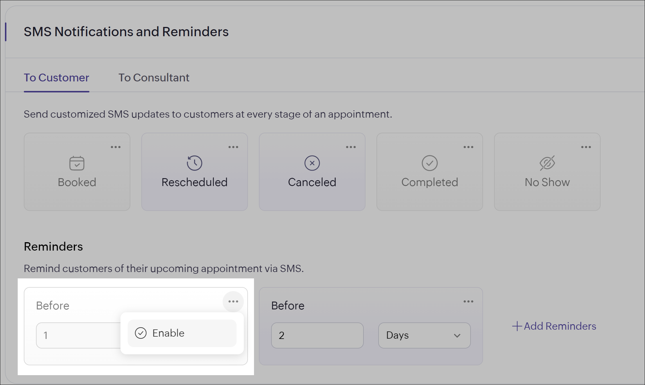 Enable SMS Notifications and Reminders in Zoho Bookings.