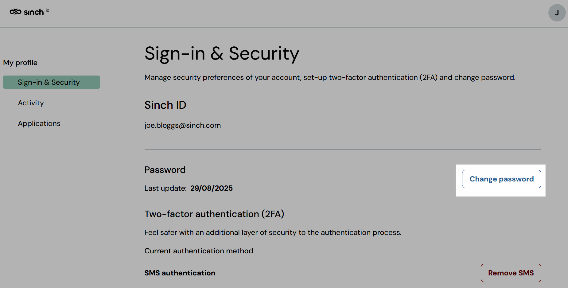 screenshot of where to find change password button in the Sinch ID self managements portal