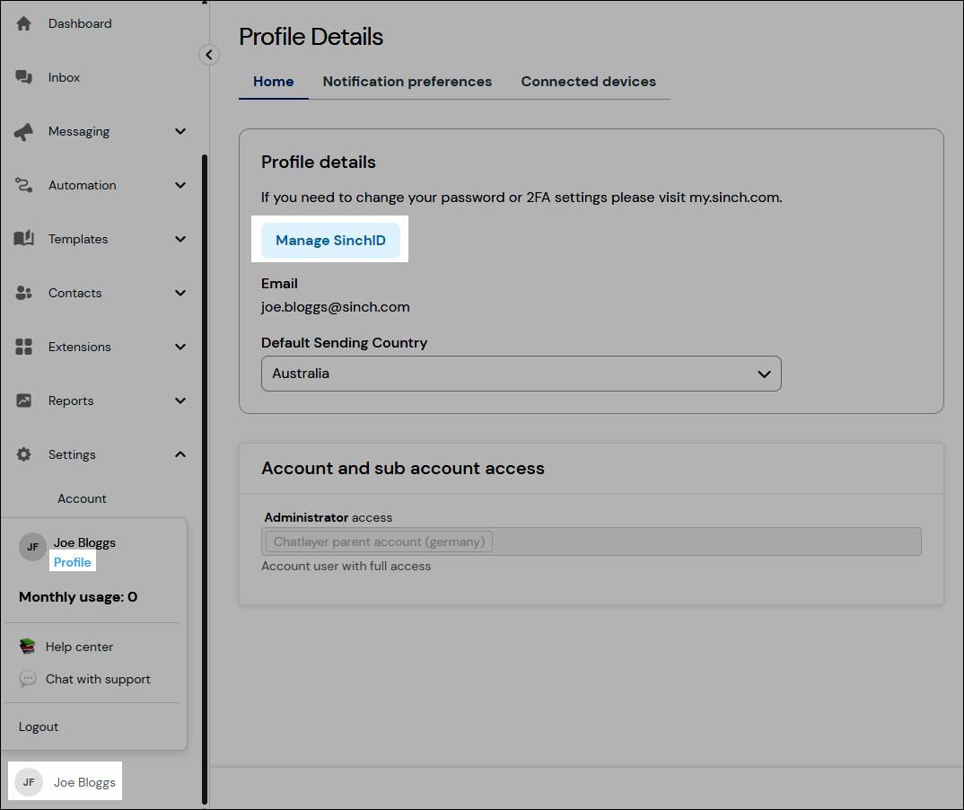 screenshot of where to locate Manage SinchID button