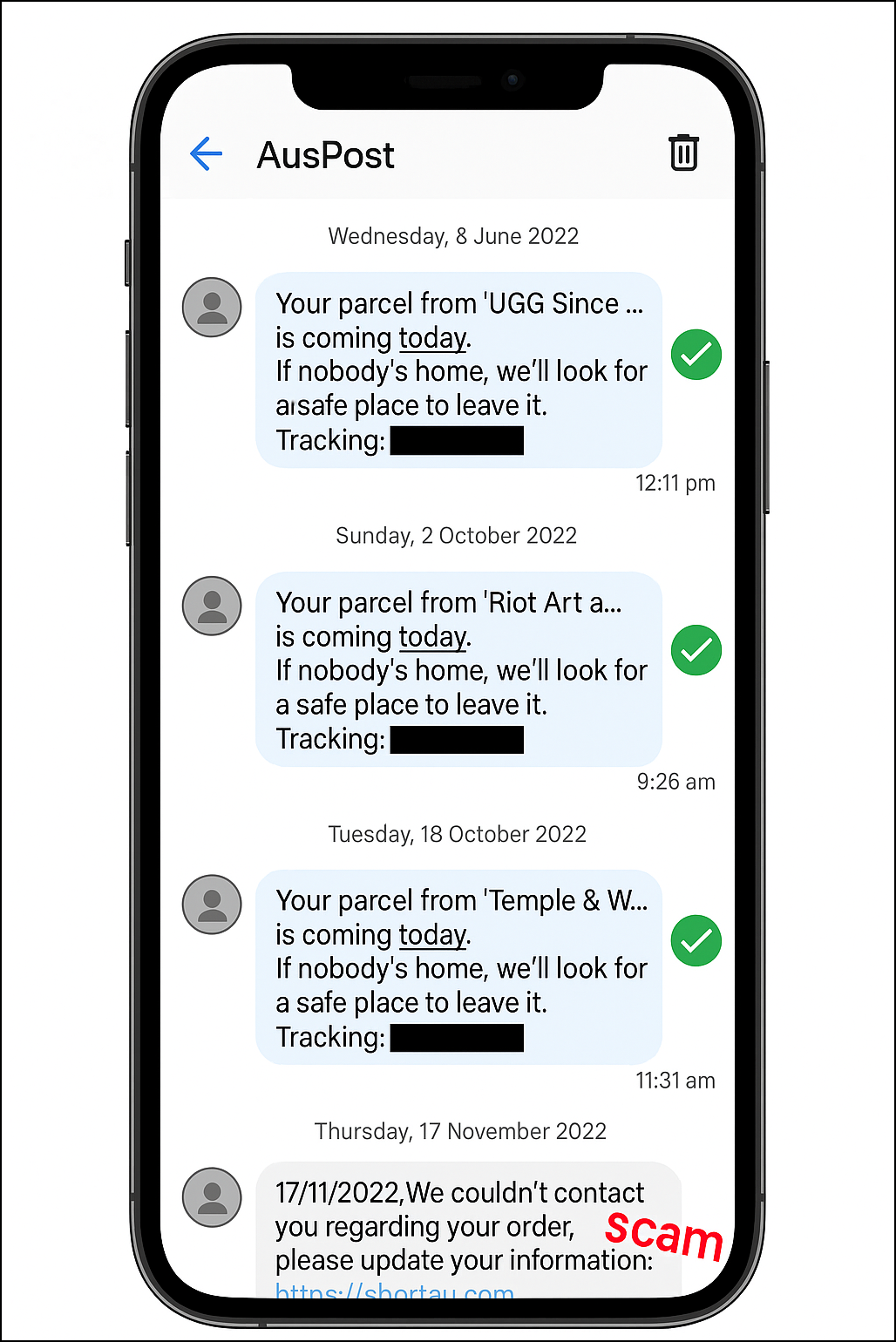 Sample image showing a handset displaying green ticks next to legitimate messages and 'scam' next to a suspicious message.
