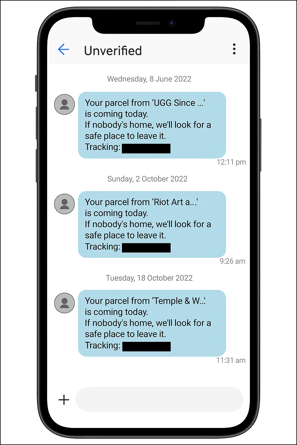 Example of how an unverified alphanumeric sender ID would look in a recipient’s handset from Dec 15 2025 onwards.