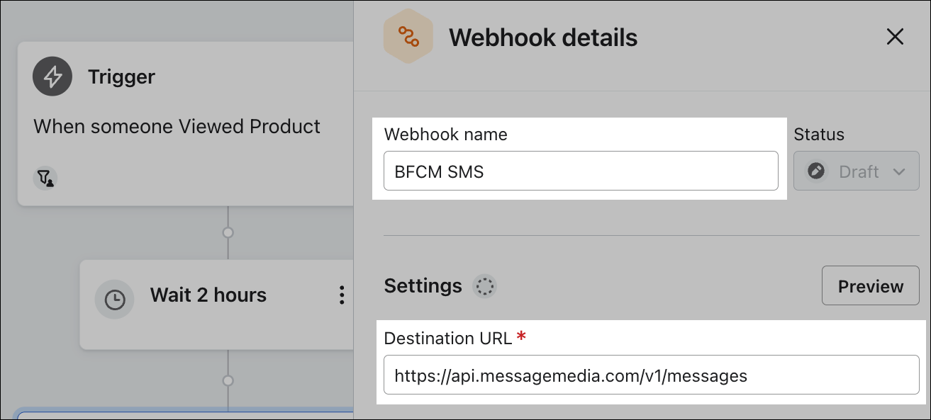 Fill in webhook details - name and destination URL.