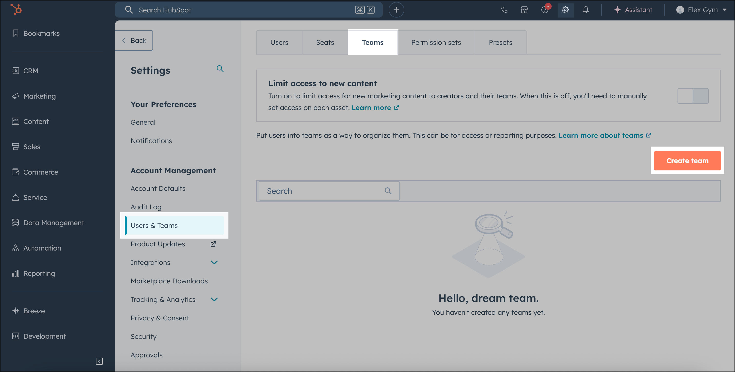 Create new team in HubSpot.
