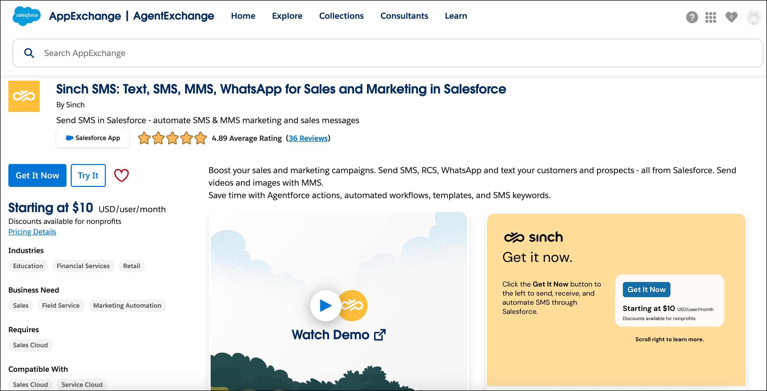 Sinch SMS app on Salesforce AppExchange.