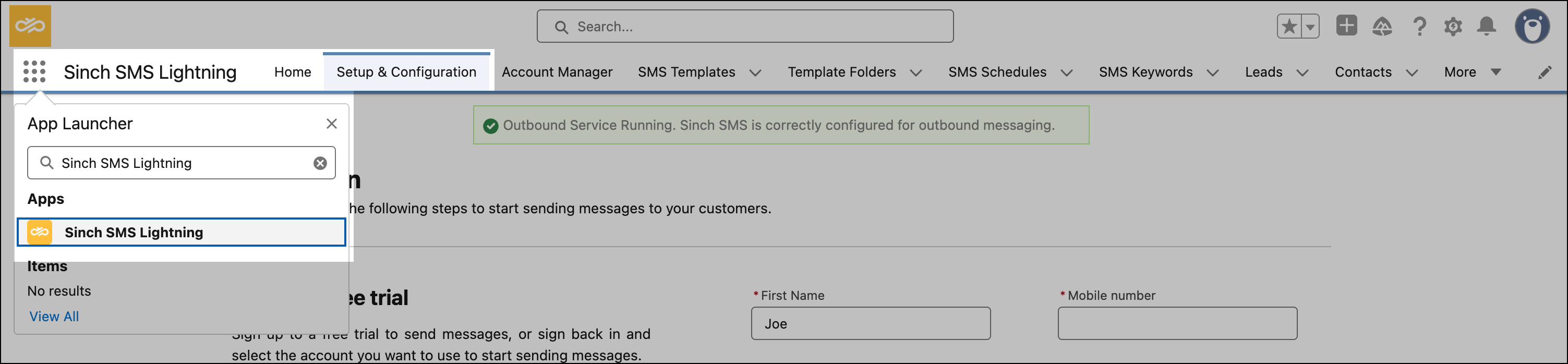 App Launch Sinch SMS Lightning/