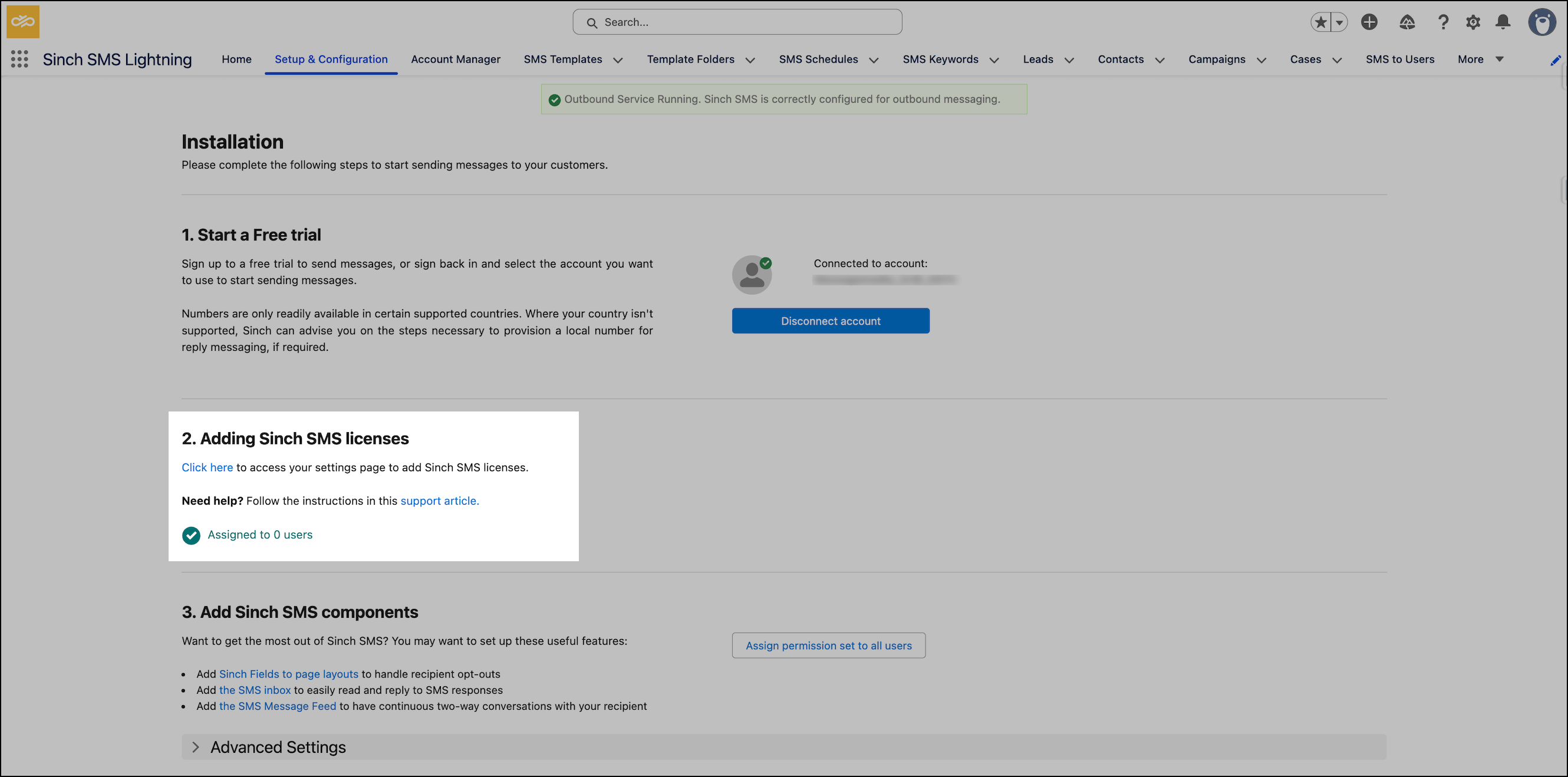 Adding Sinch SMS licenses after connecting.