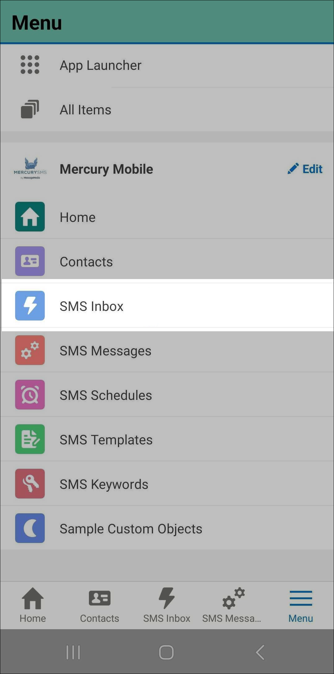SMS Inbox on Salesforce mobile app.