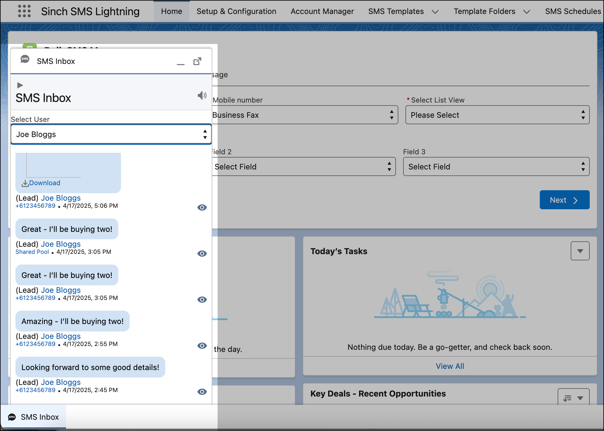 SMS Inbox in utility bar.