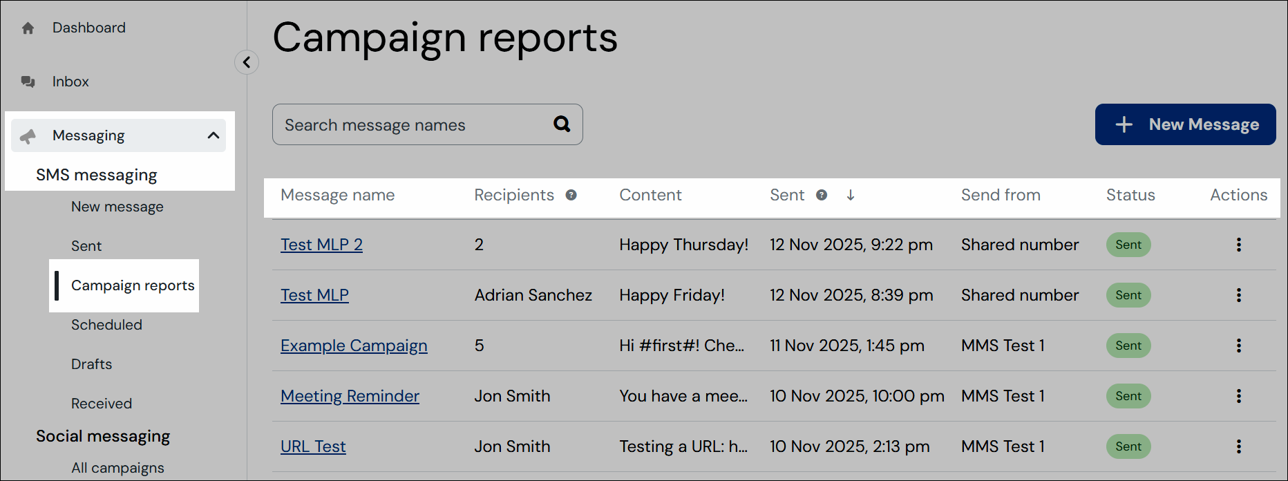 Campaign reports page navigation and column headings.