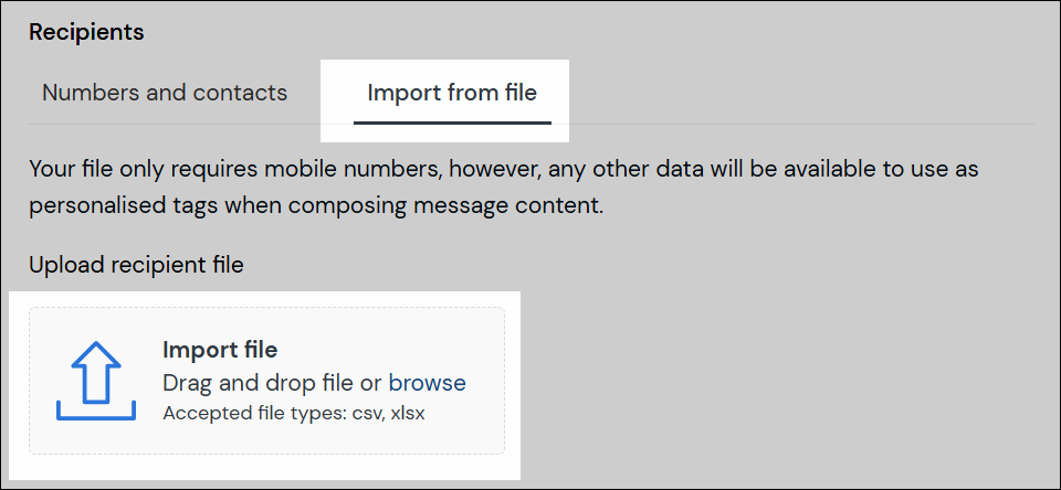 Import recipients from file upload area (CSV/XLSX)