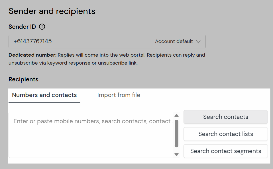 Numbers and contacts field for entering/pasting recipients