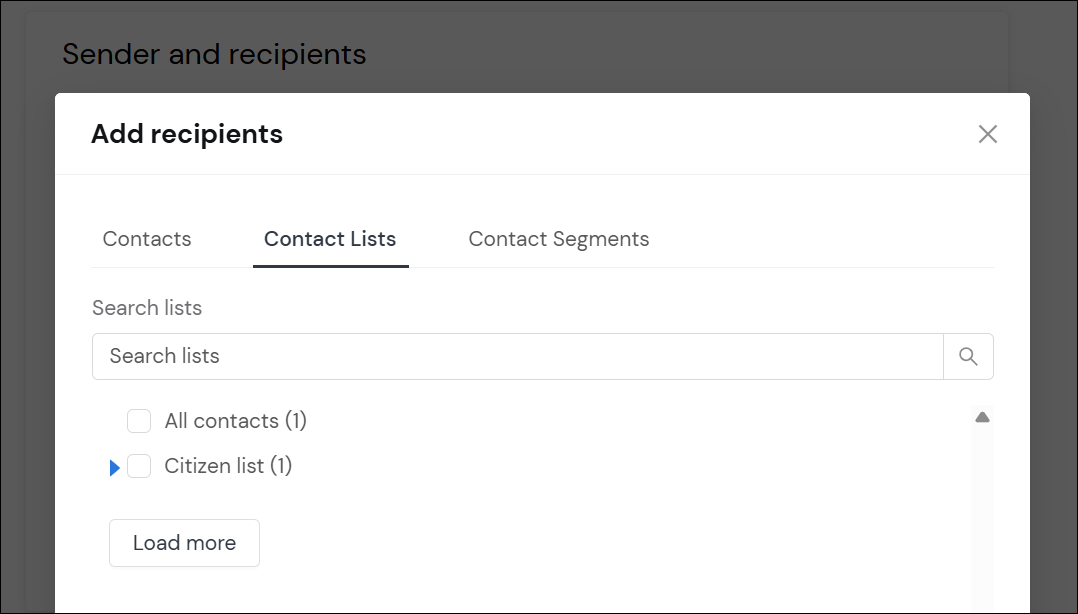 Add recipients modal for selecting contacts/lists/segments