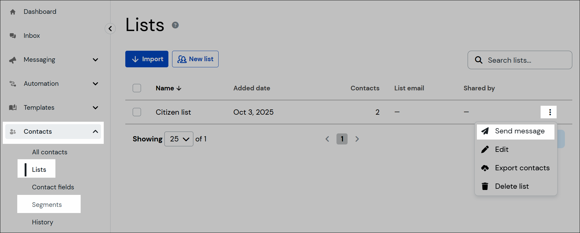 Send message action from a contact list via the more options menu