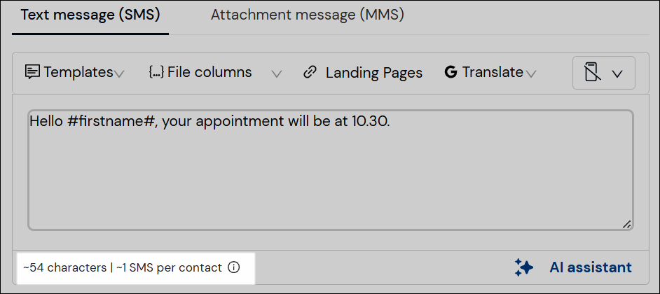 Message composer with character count and SMS-per-contact estimate