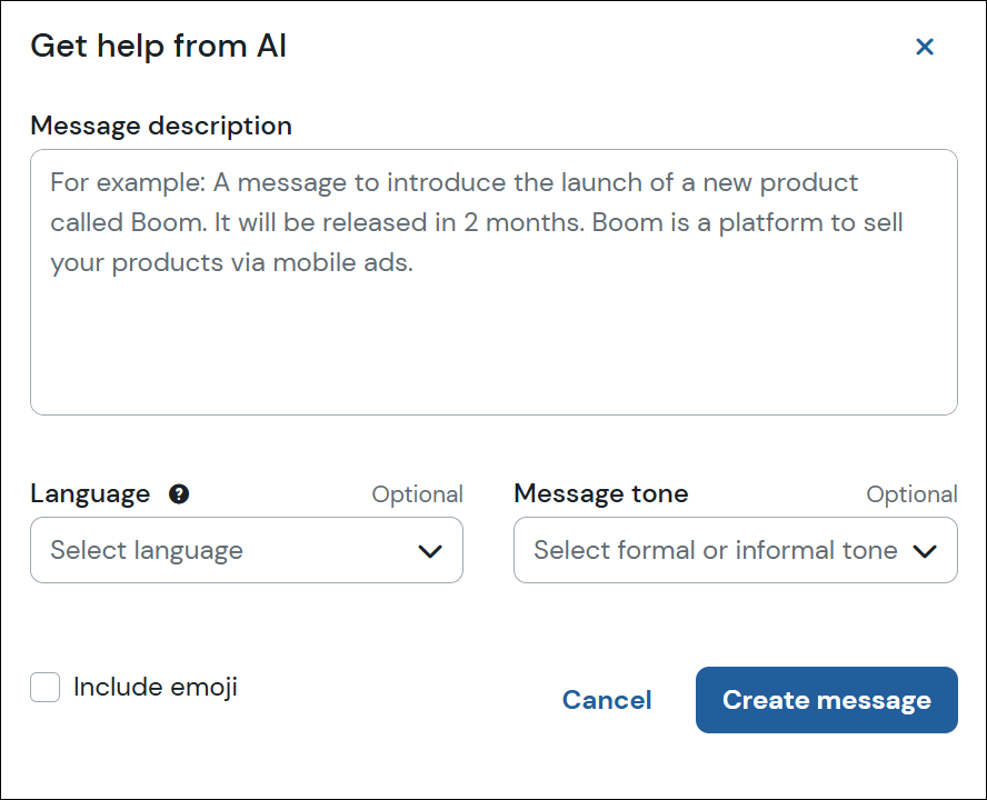 AI assistant modal with message description, language, tone, and emoji option