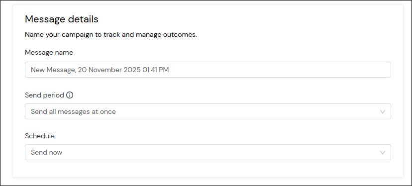 Message details section including message name, send period, and schedule fields