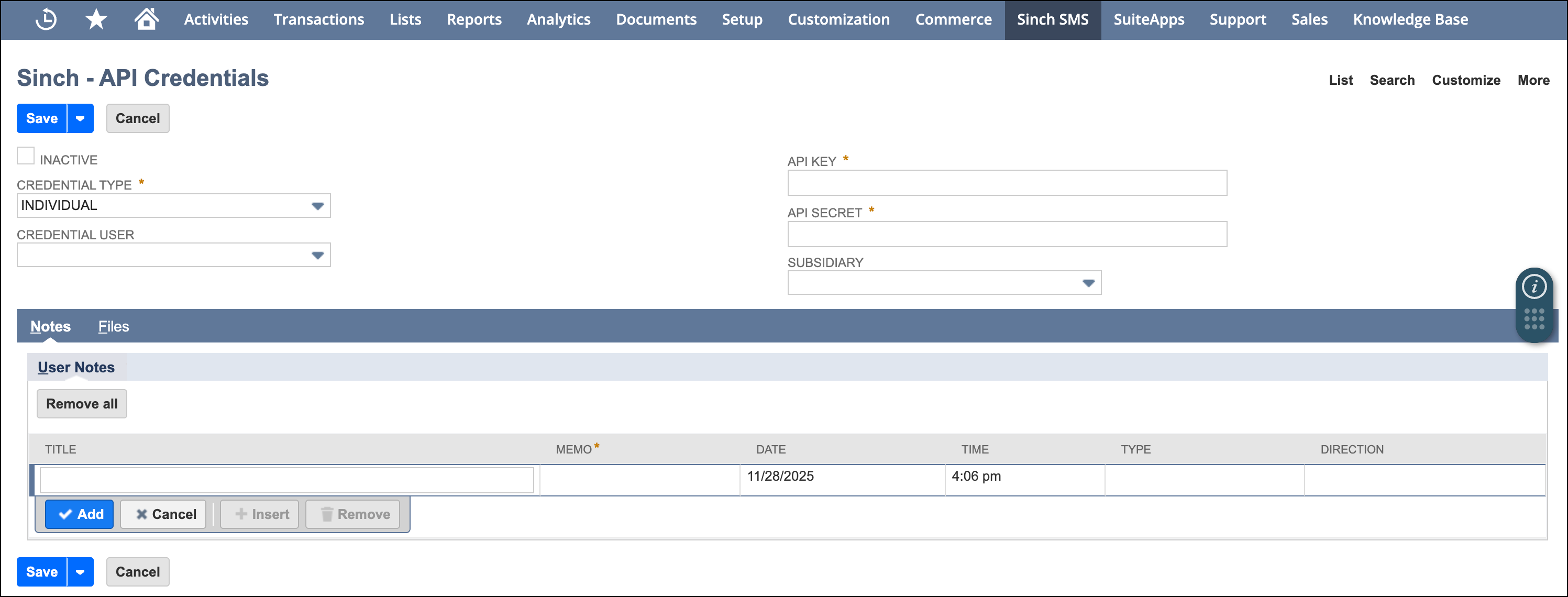 Sinch API credentials.