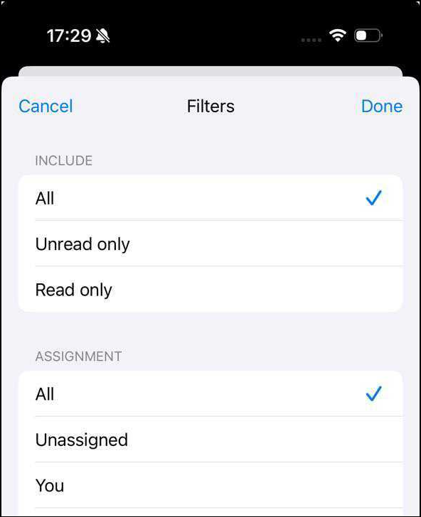 Filter options screenshot