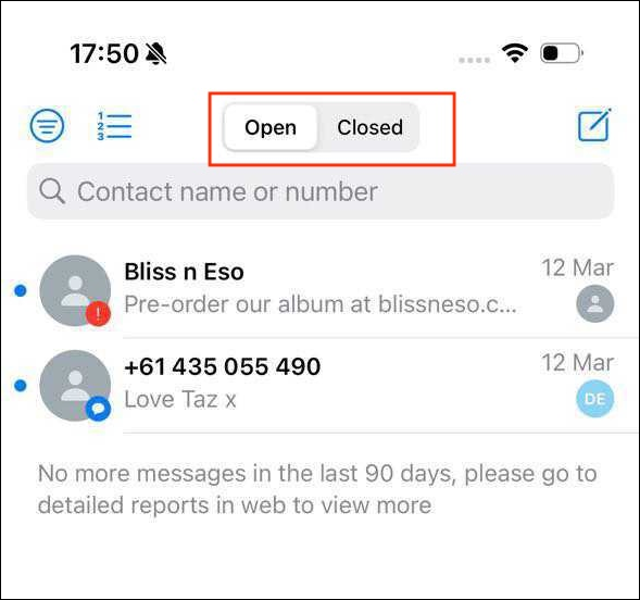 Open closed chats toggle screenshot