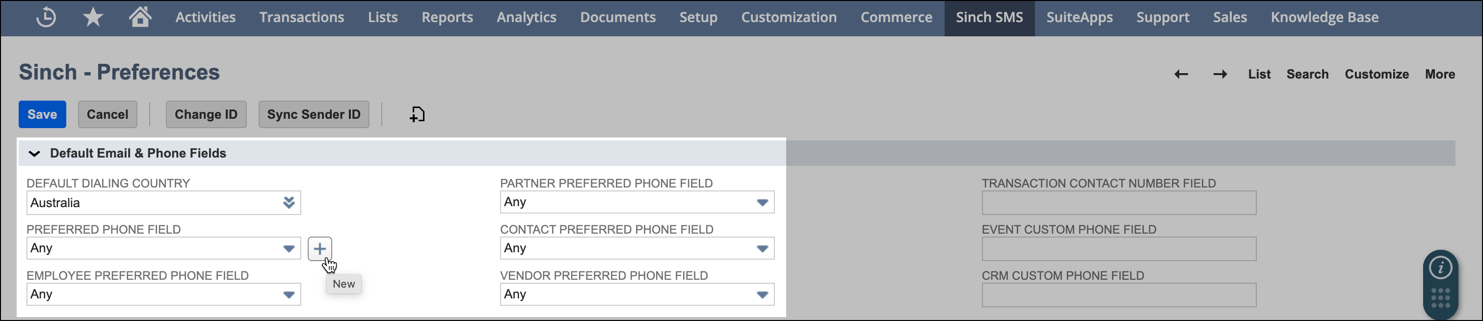Default phone fields.