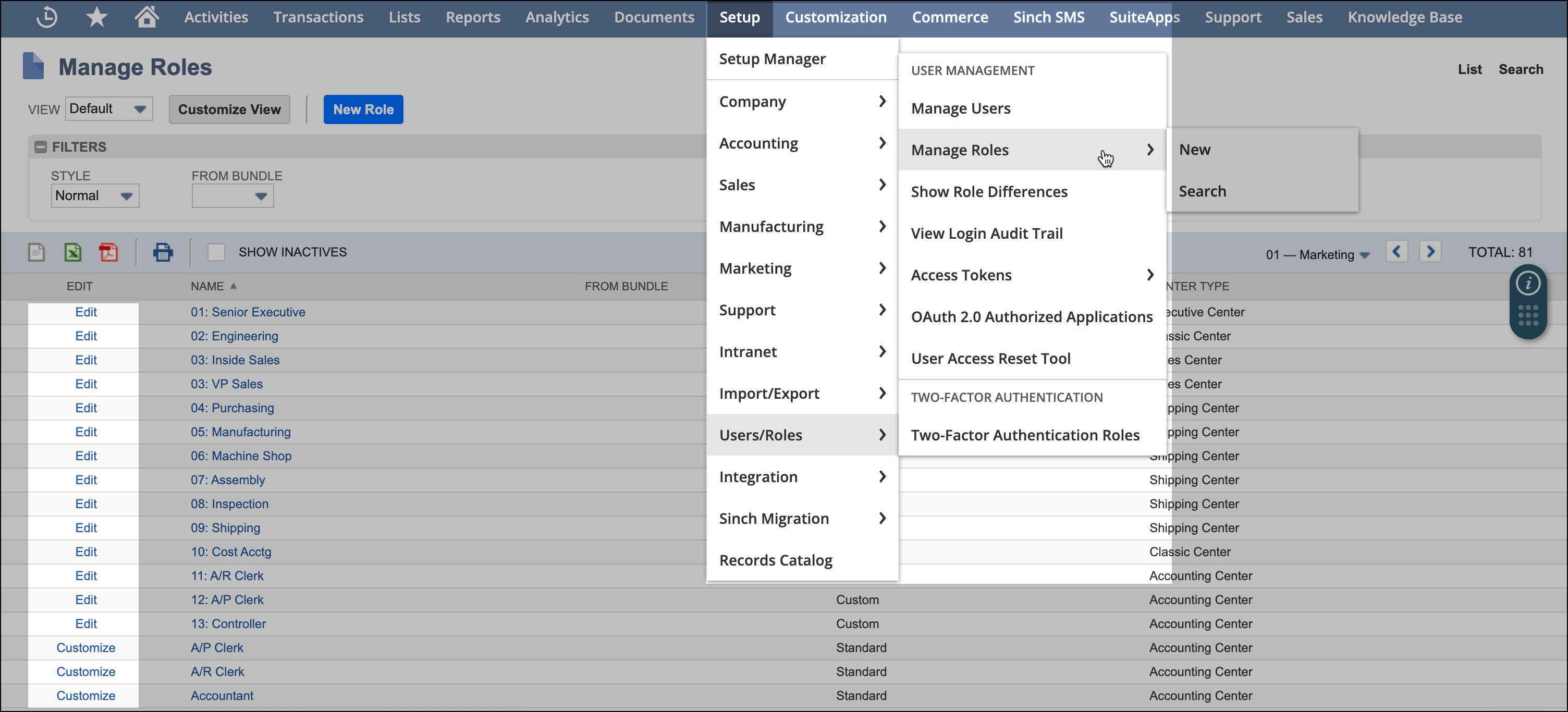 Manage roles list.