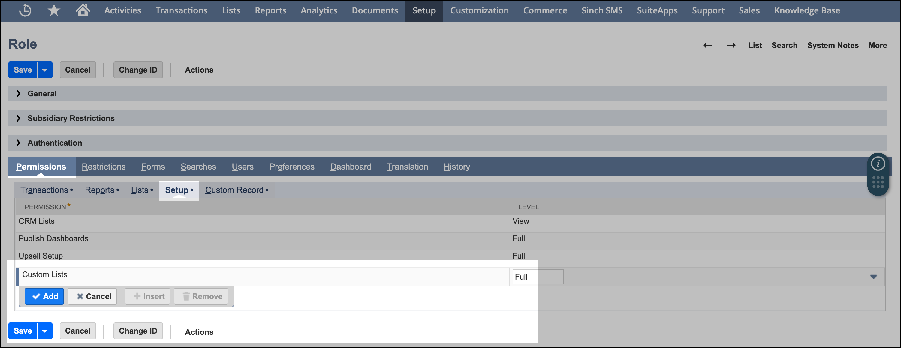 Role permission setup custom lists.