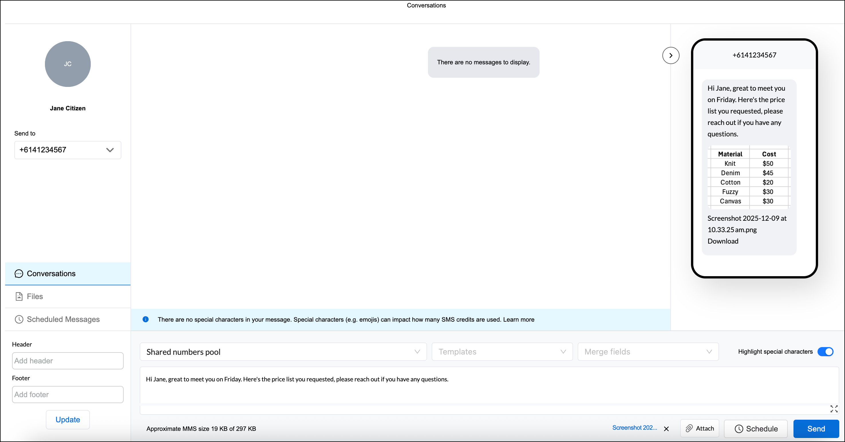 Conversations pop-up window.