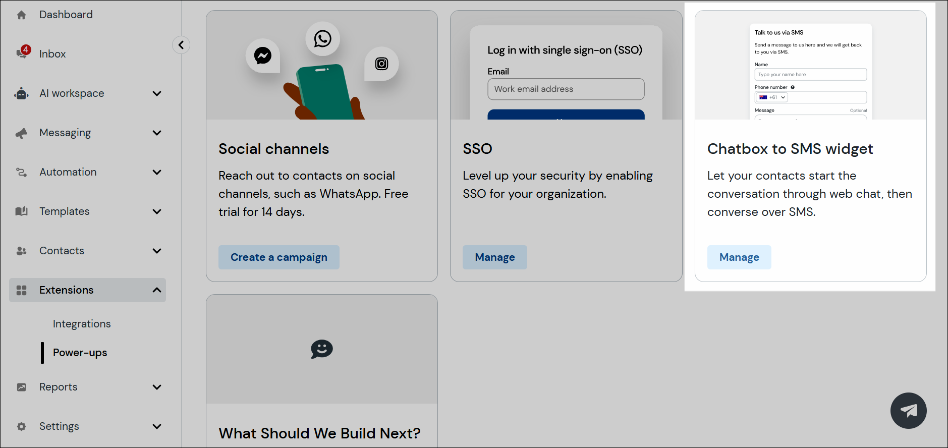 Chatbox to SMS widget power up navigation