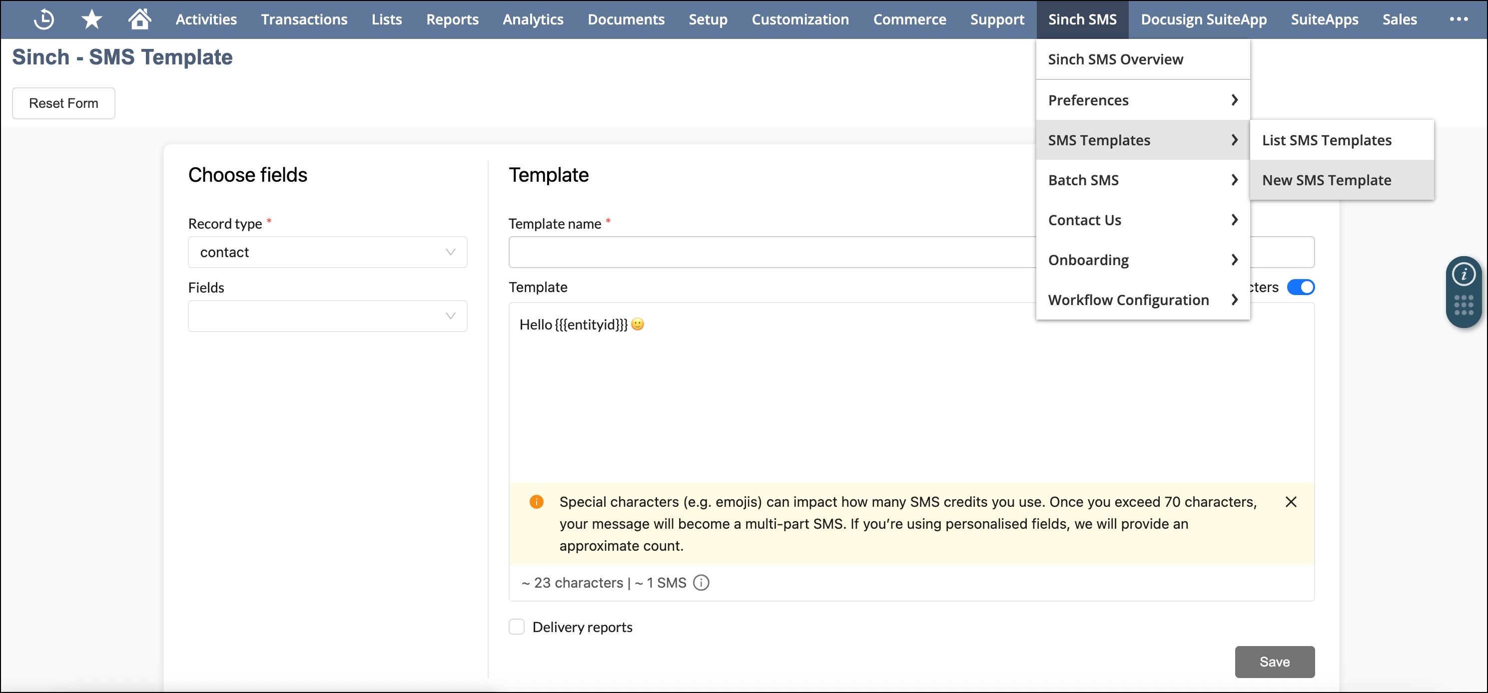 Sinch SMS template configuration.